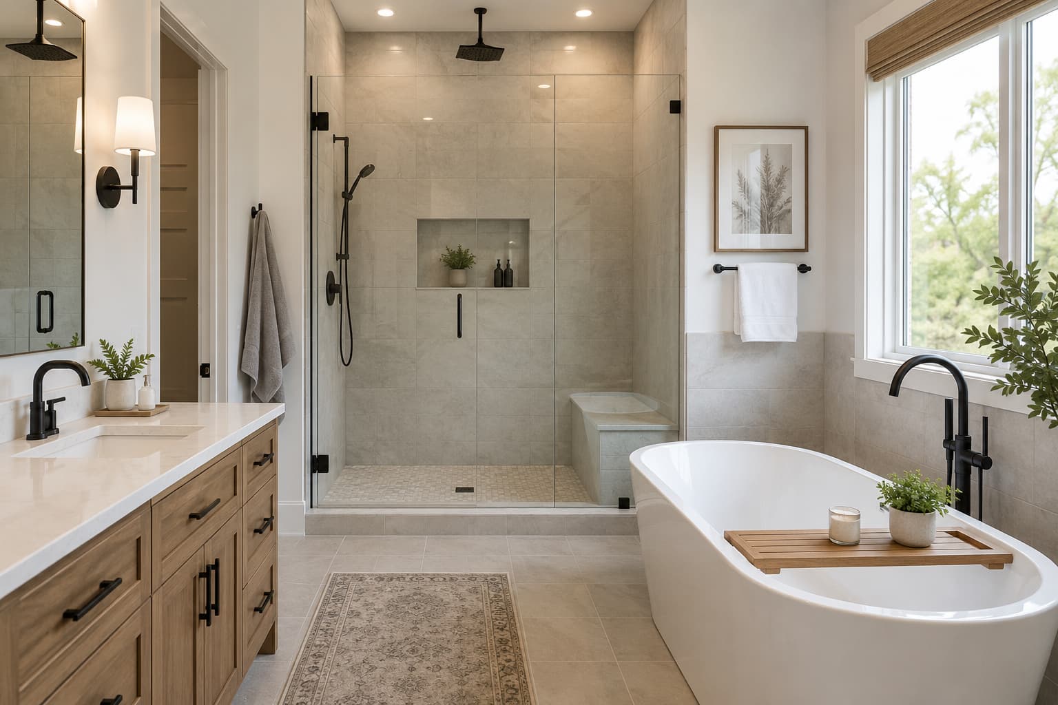 Remodeled bathroom with a walk-in shower and freestanding tub
